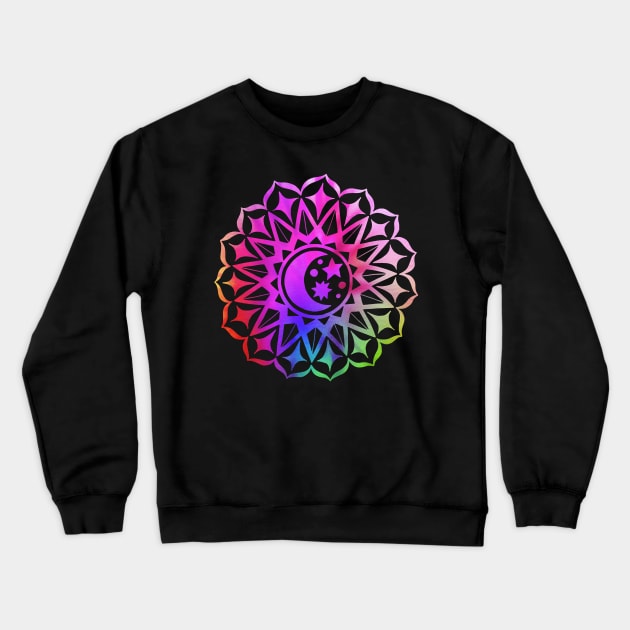 Mandala Moon Stars Multi Color Tie Dye Yoga Design Buddhist Crewneck Sweatshirt by JaydeMargulies